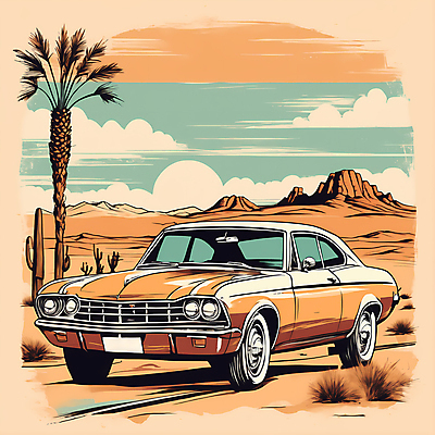 JPG 도로 교통수단 일러스트 자동차 산 사람없음 야자수 태양 사막 빈티지 디지털합성 빈티지배경 서부 국내일러스트 AI일러스트 AI콘텐츠 자연요소 나무 길 육상교통 백그라운드 교통 컨셉 교통시설 파일형식