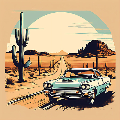 JPG 도로 교통수단 일러스트 자동차 산 선인장 사람없음 태양 사막 빈티지 디지털합성 빈티지배경 서부 국내일러스트 AI일러스트 AI콘텐츠 자연요소 식물 길 육상교통 백그라운드 교통 컨셉 교통시설 파일형식