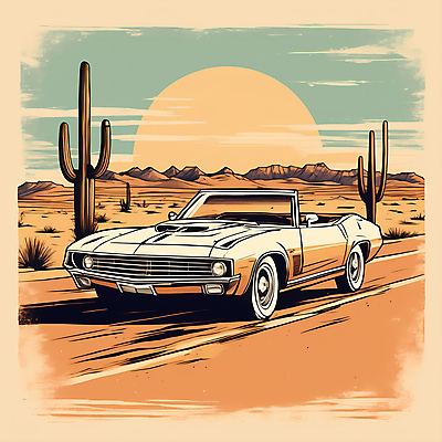 JPG 도로 교통수단 일러스트 자동차 산 선인장 사람없음 태양 사막 빈티지 디지털합성 빈티지배경 서부 국내일러스트 AI일러스트 AI콘텐츠 자연요소 식물 길 육상교통 백그라운드 교통 컨셉 교통시설 파일형식