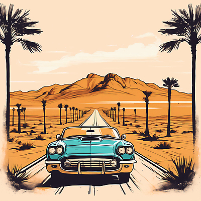 JPG 도로 교통수단 일러스트 자동차 산 사람없음 야자수 사막 빈티지 디지털합성 빈티지배경 서부 국내일러스트 AI일러스트 AI콘텐츠 나무 길 육상교통 백그라운드 교통 컨셉 교통시설 파일형식