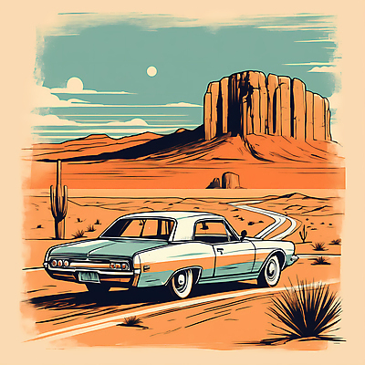 JPG 도로 교통수단 일러스트 자동차 산 선인장 사람없음 태양 사막 빈티지 디지털합성 빈티지배경 서부 국내일러스트 AI일러스트 AI콘텐츠 자연요소 식물 길 육상교통 백그라운드 교통 컨셉 교통시설 파일형식