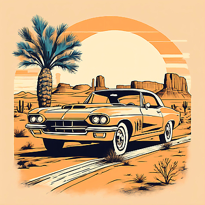 JPG 도로 교통수단 일러스트 자동차 산 사람없음 야자수 태양 사막 빈티지 디지털합성 빈티지배경 서부 국내일러스트 AI일러스트 AI콘텐츠 자연요소 나무 길 육상교통 백그라운드 교통 컨셉 교통시설 파일형식