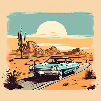 JPG 도로 교통수단 일러스트 자동차 산 선인장 사람없음 태양 사막 빈티지 디지털합성 빈티지배경 서부 국내일러스트 AI일러스트 AI콘텐츠 자연요소 식물 길 육상교통 백그라운드 교통 컨셉 교통시설 파일형식