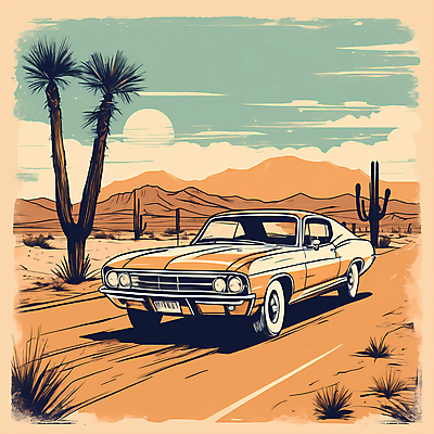 JPG 도로 교통수단 일러스트 자동차 산 사람없음 야자수 태양 사막 빈티지 디지털합성 빈티지배경 서부 국내일러스트 AI일러스트 AI콘텐츠 자연요소 나무 길 육상교통 백그라운드 교통 컨셉 교통시설 파일형식