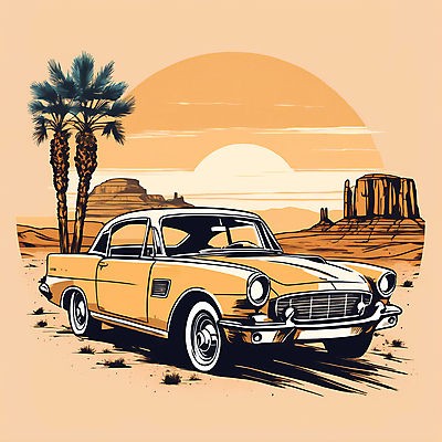 JPG 도로 교통수단 일러스트 자동차 산 사람없음 야자수 태양 사막 빈티지 디지털합성 빈티지배경 서부 국내일러스트 AI일러스트 AI콘텐츠 자연요소 나무 길 육상교통 백그라운드 교통 컨셉 교통시설 파일형식