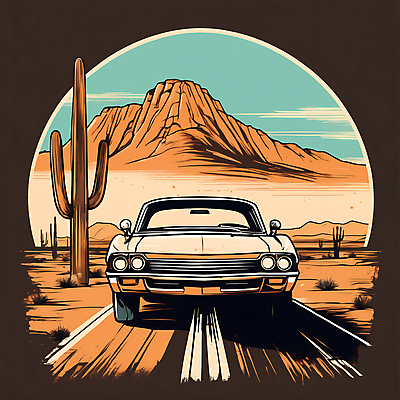 JPG 도로 교통수단 일러스트 자동차 산 선인장 사람없음 사막 빈티지 디지털합성 빈티지배경 서부 국내일러스트 AI일러스트 AI콘텐츠 식물 길 육상교통 백그라운드 교통 컨셉 교통시설 파일형식