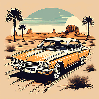 JPG 도로 교통수단 일러스트 자동차 산 사람없음 야자수 태양 사막 빈티지 디지털합성 빈티지배경 서부 국내일러스트 AI일러스트 AI콘텐츠 자연요소 나무 길 육상교통 백그라운드 교통 컨셉 교통시설 파일형식