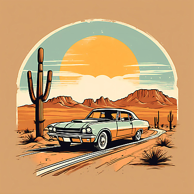 JPG 도로 교통수단 일러스트 자동차 산 선인장 사람없음 태양 사막 빈티지 디지털합성 빈티지배경 서부 국내일러스트 AI일러스트 AI콘텐츠 자연요소 식물 길 육상교통 백그라운드 교통 컨셉 교통시설 파일형식