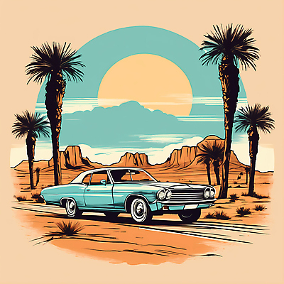 JPG 도로 교통수단 일러스트 자동차 산 사람없음 야자수 태양 사막 빈티지 디지털합성 빈티지배경 서부 국내일러스트 AI일러스트 AI콘텐츠 자연요소 나무 길 육상교통 백그라운드 교통 컨셉 교통시설 파일형식