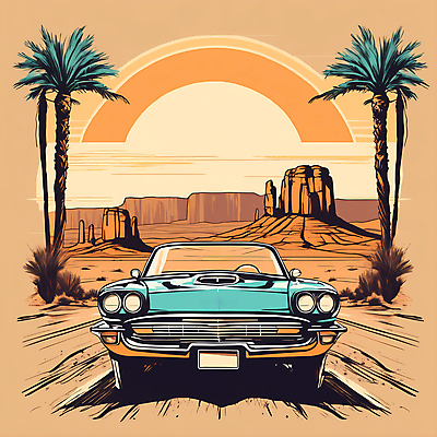 JPG 도로 교통수단 일러스트 자동차 산 사람없음 야자수 태양 사막 빈티지 디지털합성 빈티지배경 서부 국내일러스트 AI일러스트 AI콘텐츠 자연요소 나무 길 육상교통 백그라운드 교통 컨셉 교통시설 파일형식