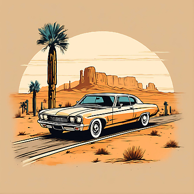 JPG 도로 교통수단 일러스트 자동차 산 사람없음 야자수 사막 빈티지 디지털합성 빈티지배경 서부 국내일러스트 AI일러스트 AI콘텐츠 나무 길 육상교통 백그라운드 교통 컨셉 교통시설 파일형식