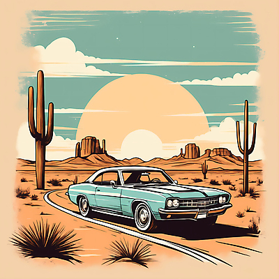 JPG 도로 교통수단 일러스트 자동차 산 선인장 사람없음 태양 사막 빈티지 디지털합성 빈티지배경 서부 국내일러스트 AI일러스트 AI콘텐츠 자연요소 식물 길 육상교통 백그라운드 교통 컨셉 교통시설 파일형식