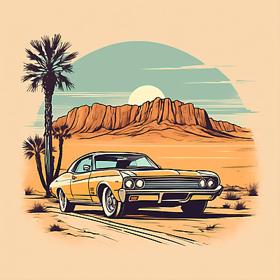 JPG 도로 교통수단 일러스트 자동차 산 사람없음 야자수 태양 사막 빈티지 디지털합성 빈티지배경 서부 국내일러스트 AI일러스트 AI콘텐츠 자연요소 나무 길 육상교통 백그라운드 교통 컨셉 교통시설 파일형식