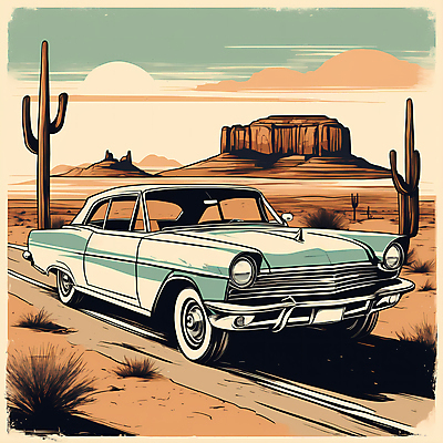 JPG 도로 교통수단 일러스트 자동차 산 선인장 사람없음 태양 사막 빈티지 디지털합성 빈티지배경 서부 국내일러스트 AI일러스트 AI콘텐츠 자연요소 식물 길 육상교통 백그라운드 교통 컨셉 교통시설 파일형식
