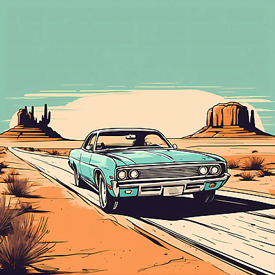 JPG 도로 교통수단 일러스트 자동차 산 사람없음 사막 빈티지 디지털합성 빈티지배경 서부 국내일러스트 AI일러스트 AI콘텐츠 길 육상교통 백그라운드 교통 컨셉 교통시설 파일형식