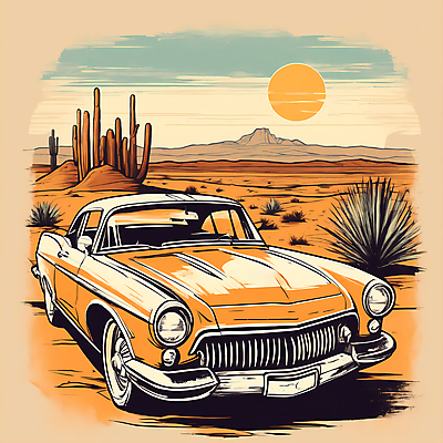 JPG 도로 교통수단 일러스트 자동차 산 사람없음 태양 사막 빈티지 디지털합성 빈티지배경 서부 국내일러스트 AI일러스트 AI콘텐츠 자연요소 길 육상교통 백그라운드 교통 컨셉 교통시설 파일형식