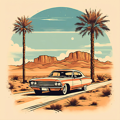 JPG 도로 교통수단 일러스트 자동차 산 사람없음 야자수 사막 빈티지 디지털합성 빈티지배경 서부 국내일러스트 AI일러스트 AI콘텐츠 나무 길 육상교통 백그라운드 교통 컨셉 교통시설 파일형식