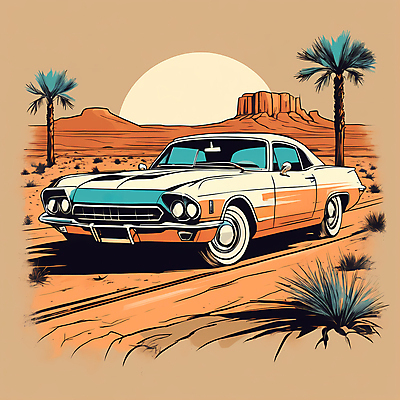 JPG 도로 교통수단 일러스트 자동차 산 사람없음 야자수 태양 사막 빈티지 디지털합성 빈티지배경 서부 국내일러스트 AI일러스트 AI콘텐츠 자연요소 나무 길 육상교통 백그라운드 교통 컨셉 교통시설 파일형식