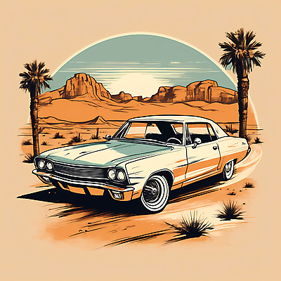 JPG 도로 교통수단 일러스트 자동차 산 사람없음 야자수 태양 사막 빈티지 디지털합성 빈티지배경 서부 국내일러스트 AI일러스트 AI콘텐츠 자연요소 나무 길 육상교통 백그라운드 교통 컨셉 교통시설 파일형식
