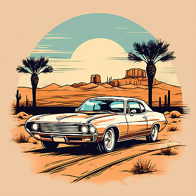 JPG 도로 교통수단 일러스트 자동차 산 사람없음 야자수 태양 사막 빈티지 디지털합성 빈티지배경 서부 국내일러스트 AI일러스트 AI콘텐츠 자연요소 나무 길 육상교통 백그라운드 교통 컨셉 교통시설 파일형식