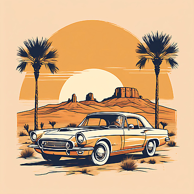 JPG 도로 교통수단 일러스트 자동차 산 사람없음 야자수 태양 사막 빈티지 디지털합성 빈티지배경 서부 국내일러스트 AI일러스트 AI콘텐츠 자연요소 나무 길 육상교통 백그라운드 교통 컨셉 교통시설 파일형식