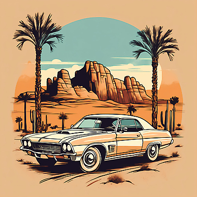 JPG 도로 교통수단 일러스트 자동차 산 사람없음 야자수 사막 빈티지 디지털합성 빈티지배경 서부 국내일러스트 AI일러스트 AI콘텐츠 나무 길 육상교통 백그라운드 교통 컨셉 교통시설 파일형식
