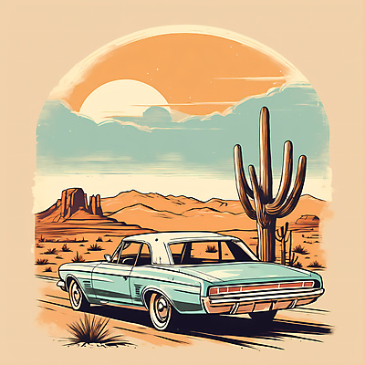 JPG 도로 교통수단 일러스트 자동차 산 선인장 사람없음 태양 사막 빈티지 디지털합성 빈티지배경 서부 국내일러스트 AI일러스트 AI콘텐츠 자연요소 식물 길 육상교통 백그라운드 교통 컨셉 교통시설 파일형식