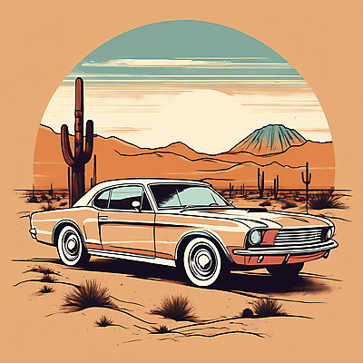 JPG 도로 교통수단 일러스트 자동차 산 선인장 사람없음 태양 사막 빈티지 디지털합성 빈티지배경 서부 국내일러스트 AI일러스트 AI콘텐츠 자연요소 식물 길 육상교통 백그라운드 교통 컨셉 교통시설 파일형식