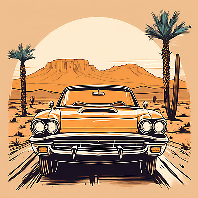 JPG 도로 교통수단 일러스트 자동차 산 사람없음 야자수 태양 사막 빈티지 디지털합성 빈티지배경 서부 국내일러스트 AI일러스트 AI콘텐츠 자연요소 나무 길 육상교통 백그라운드 교통 컨셉 교통시설 파일형식