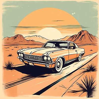 JPG 도로 교통수단 일러스트 자동차 산 사람없음 태양 사막 빈티지 디지털합성 빈티지배경 서부 국내일러스트 AI일러스트 AI콘텐츠 자연요소 길 육상교통 백그라운드 교통 컨셉 교통시설 파일형식