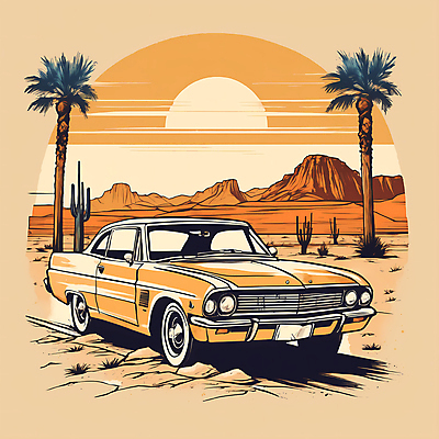 JPG 도로 교통수단 일러스트 자동차 산 사람없음 야자수 태양 사막 빈티지 디지털합성 빈티지배경 서부 국내일러스트 AI일러스트 AI콘텐츠 자연요소 나무 길 육상교통 백그라운드 교통 컨셉 교통시설 파일형식