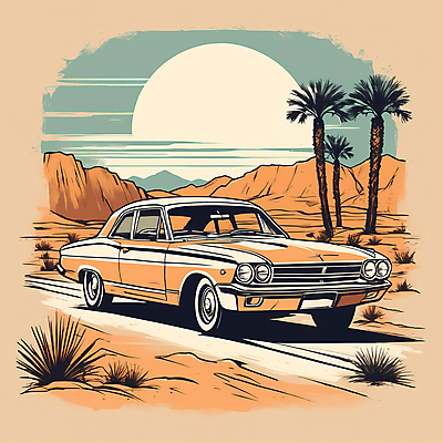 JPG 도로 교통수단 일러스트 자동차 산 사람없음 야자수 태양 사막 빈티지 디지털합성 빈티지배경 서부 국내일러스트 AI일러스트 AI콘텐츠 자연요소 나무 길 육상교통 백그라운드 교통 컨셉 교통시설 파일형식