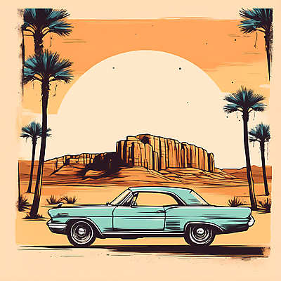 JPG 도로 교통수단 일러스트 자동차 산 사람없음 야자수 태양 사막 빈티지 디지털합성 빈티지배경 서부 국내일러스트 AI일러스트 AI콘텐츠 자연요소 나무 길 육상교통 백그라운드 교통 컨셉 교통시설 파일형식