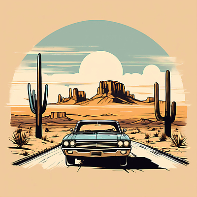 JPG 도로 교통수단 일러스트 자동차 산 선인장 사람없음 태양 사막 빈티지 디지털합성 빈티지배경 서부 국내일러스트 AI일러스트 AI콘텐츠 자연요소 식물 길 육상교통 백그라운드 교통 컨셉 교통시설 파일형식
