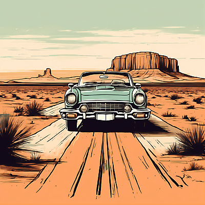 JPG 도로 교통수단 일러스트 자동차 산 사람없음 사막 빈티지 디지털합성 빈티지배경 서부 국내일러스트 AI일러스트 AI콘텐츠 길 육상교통 백그라운드 교통 컨셉 교통시설 파일형식