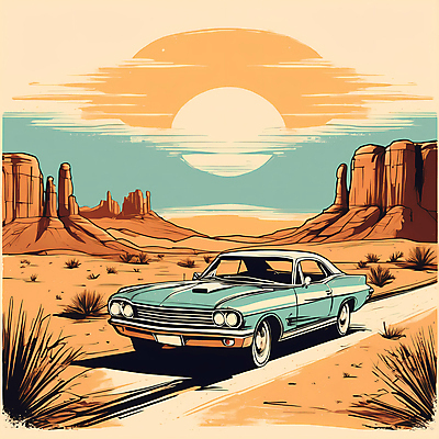 JPG 도로 교통수단 일러스트 자동차 산 사람없음 태양 사막 빈티지 디지털합성 빈티지배경 서부 국내일러스트 AI일러스트 AI콘텐츠 자연요소 길 육상교통 백그라운드 교통 컨셉 교통시설 파일형식