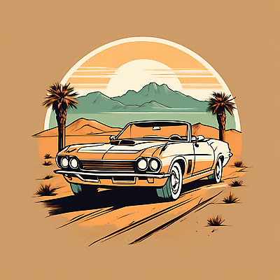 JPG 도로 교통수단 일러스트 자동차 산 사람없음 야자수 태양 사막 빈티지 디지털합성 빈티지배경 서부 국내일러스트 AI일러스트 AI콘텐츠 자연요소 나무 길 육상교통 백그라운드 교통 컨셉 교통시설 파일형식