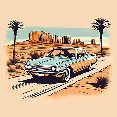 JPG 도로 교통수단 일러스트 자동차 산 사람없음 야자수 사막 빈티지 디지털합성 빈티지배경 서부 국내일러스트 AI일러스트 AI콘텐츠 나무 길 육상교통 백그라운드 교통 컨셉 교통시설 파일형식