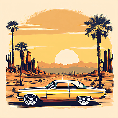 JPG 도로 교통수단 일러스트 자동차 산 사람없음 야자수 태양 사막 빈티지 디지털합성 빈티지배경 서부 국내일러스트 AI일러스트 AI콘텐츠 자연요소 나무 길 육상교통 백그라운드 교통 컨셉 교통시설 파일형식