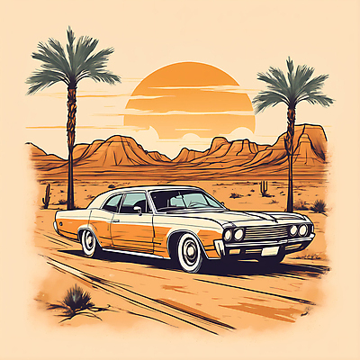 JPG 도로 교통수단 일러스트 자동차 산 사람없음 야자수 태양 사막 빈티지 디지털합성 빈티지배경 서부 국내일러스트 AI일러스트 AI콘텐츠 자연요소 나무 길 육상교통 백그라운드 교통 컨셉 교통시설 파일형식