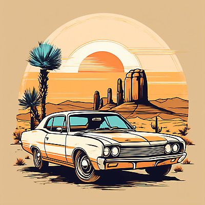 JPG 도로 교통수단 일러스트 자동차 산 사람없음 야자수 태양 사막 빈티지 디지털합성 빈티지배경 서부 국내일러스트 AI일러스트 AI콘텐츠 자연요소 나무 길 육상교통 백그라운드 교통 컨셉 교통시설 파일형식
