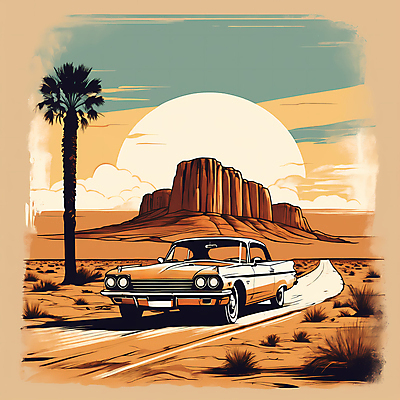 JPG 도로 교통수단 일러스트 자동차 산 사람없음 야자수 태양 사막 빈티지 디지털합성 빈티지배경 서부 국내일러스트 AI일러스트 AI콘텐츠 자연요소 나무 길 육상교통 백그라운드 교통 컨셉 교통시설 파일형식