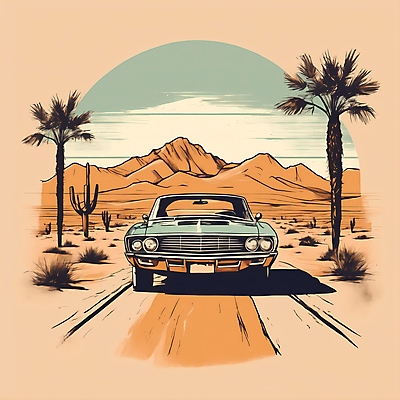 JPG 도로 교통수단 일러스트 자동차 산 사람없음 야자수 사막 빈티지 디지털합성 빈티지배경 서부 국내일러스트 AI일러스트 AI콘텐츠 나무 길 육상교통 백그라운드 교통 컨셉 교통시설 파일형식