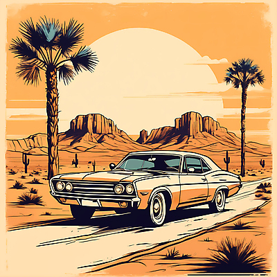 JPG 도로 교통수단 일러스트 자동차 산 사람없음 야자수 태양 사막 빈티지 디지털합성 빈티지배경 서부 국내일러스트 AI일러스트 AI콘텐츠 자연요소 나무 길 육상교통 백그라운드 교통 컨셉 교통시설 파일형식