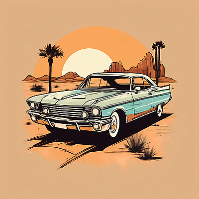 JPG 도로 교통수단 일러스트 자동차 산 사람없음 야자수 태양 사막 빈티지 디지털합성 빈티지배경 서부 국내일러스트 AI일러스트 AI콘텐츠 자연요소 나무 길 육상교통 백그라운드 교통 컨셉 교통시설 파일형식