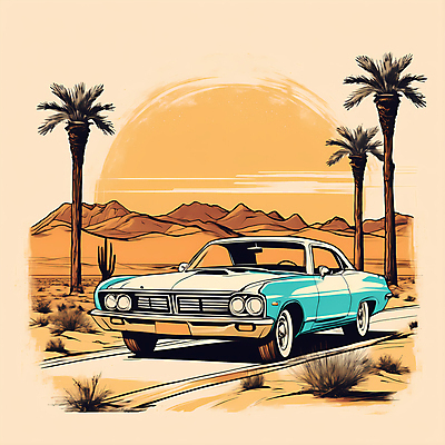 JPG 도로 교통수단 일러스트 자동차 산 사람없음 야자수 사막 빈티지 디지털합성 빈티지배경 서부 국내일러스트 AI일러스트 AI콘텐츠 나무 길 육상교통 백그라운드 교통 컨셉 교통시설 파일형식