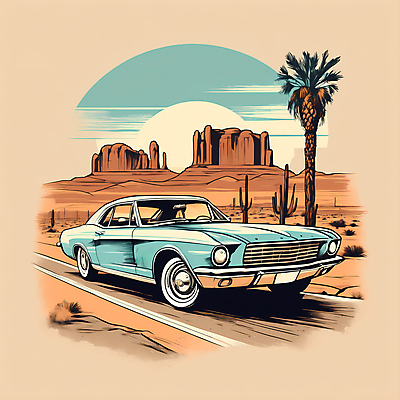 JPG 도로 교통수단 일러스트 자동차 산 선인장 사람없음 야자수 태양 사막 빈티지 디지털합성 빈티지배경 서부 국내일러스트 AI일러스트 AI콘텐츠 자연요소 나무 식물 길 육상교통 백그라운드 교통 컨셉 교통시설 파일형식