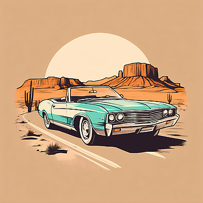 JPG 도로 교통수단 일러스트 자동차 산 사람없음 태양 사막 빈티지 디지털합성 빈티지배경 서부 국내일러스트 AI일러스트 AI콘텐츠 자연요소 길 육상교통 백그라운드 교통 컨셉 교통시설 파일형식