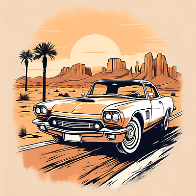 JPG 도로 교통수단 일러스트 자동차 산 사람없음 야자수 태양 사막 빈티지 디지털합성 빈티지배경 서부 국내일러스트 AI일러스트 AI콘텐츠 자연요소 나무 길 육상교통 백그라운드 교통 컨셉 교통시설 파일형식
