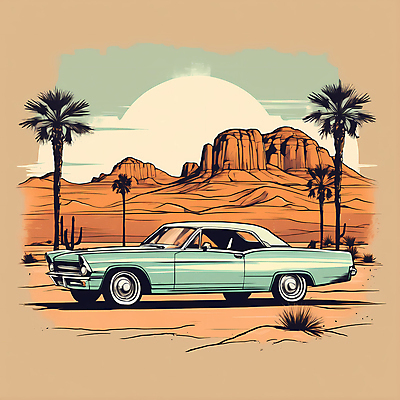 JPG 도로 교통수단 일러스트 자동차 산 사람없음 야자수 태양 사막 빈티지 디지털합성 빈티지배경 서부 국내일러스트 AI일러스트 AI콘텐츠 자연요소 나무 길 육상교통 백그라운드 교통 컨셉 교통시설 파일형식